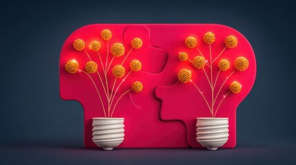 Interlocking Red Puzzle Pieces Representing Ideas with Glowing Yellow Bulbs