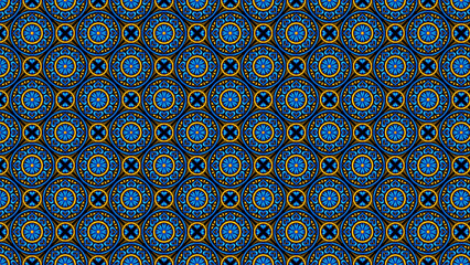 A seamless pattern featuring blue and yellow circular designs on a dark background repeating design