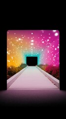 Luminous Tunnel Entrance with Pink Yellow and Blue Glowing Stars