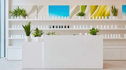 Modern Minimalist Retail Store Interior with White Shelving and Greenery