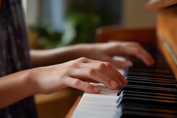 Obraz premium Young caucasian female playing piano indoors