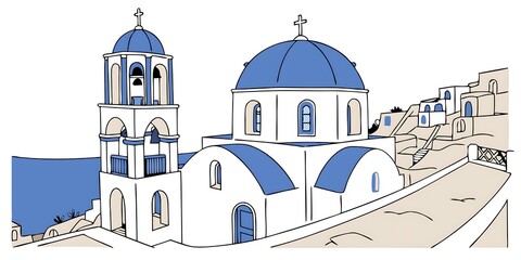Obraz premium Illustration of a greek orthodox church with blue domes and a bell tower near the sea coast