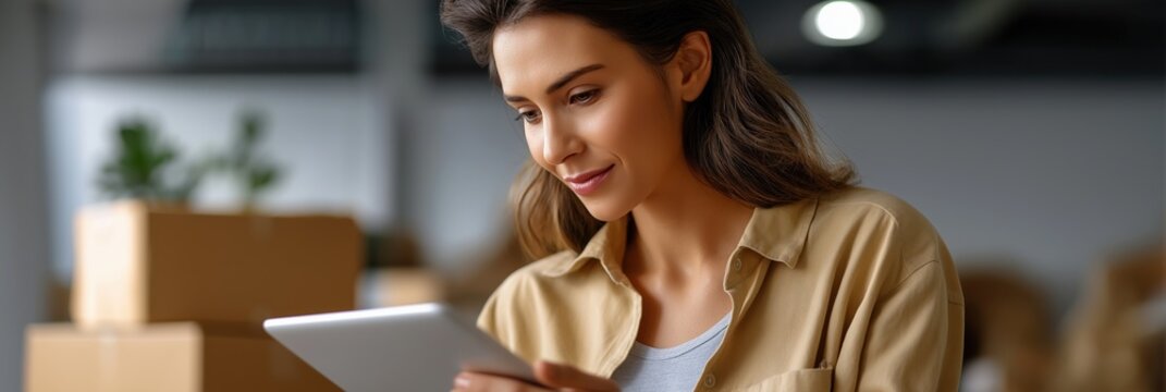 Young caucasian female entrepreneur using tablet in modern office with cardboard boxes