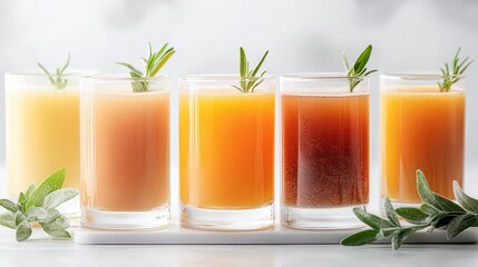 Fototapeta premium A collection of five colorful drinks displayed in clear glasses, each garnished with fresh herbs, showcasing a vibrant and refreshing assortment perfect for any occasion.