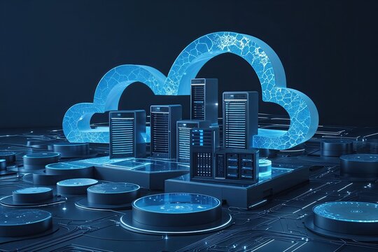 Innovative Data Storage Techniques and Cloud Computing Concepts Visualized in a Stunning Azure Design on an Abstract Dark Canvas