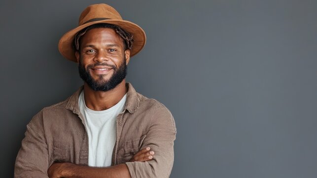 This portrait features a confident man with a stylish hat and shirt, smiling warmly against a minimalist grey background, evoking positivity and approachability.