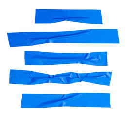 Top view set of wrinkled or crumpled blue adhesive vinyl tape or cloth tape in stripe shape...