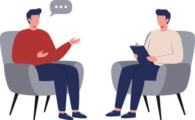 Psychologist consulting patient during therapy session, mental health support illustration, counseling conversation in office, emotional wellness care, psychologist and client cartoon vector graphic