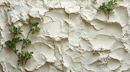 Cracked White Plaster Wall Texture with Green Plants Nature and Decay Rustic Background