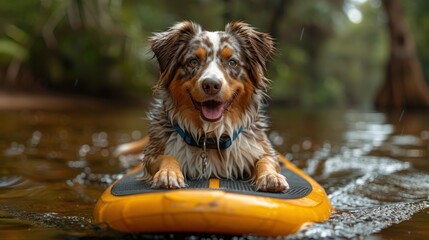 A joyful dog with a fluffy coat enjoying a paddle board ride on calm waters, highlighting a carefree moment in nature that radiates happiness and playfulness.