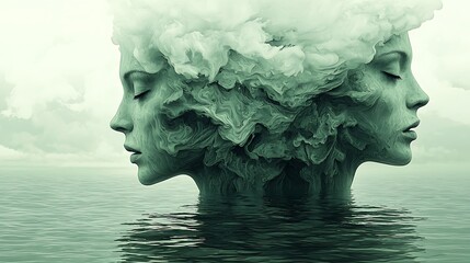 Surreal Abstract Art Two Female Faces Emerging from Ocean Waves Dreamlike Green Tone