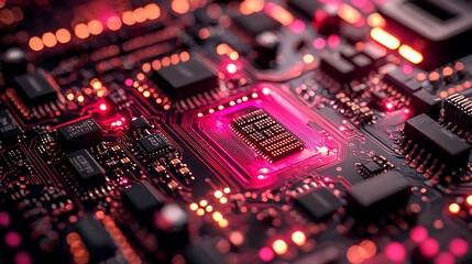 High Resolution Close up of Illuminated Circuit Board with Central Processing Unit Technology