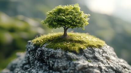 Serene Landscape Small Tree Growing on Mossy Rock Clifftop