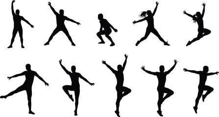 Silhouette of dancers in various jump poses, performing modern dance movements, black shadow figures, expressive body motion concept, isolated on white background, vector illustration