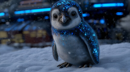 Futuristic baby penguin with glowing blue fur stands on snowy ground, sci fi lights and snowfall in background, cute and magical.