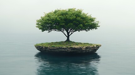 Solitary Tree on a Small Island in Calm Water Serene Nature Scene Tranquil Landscape Photography