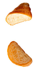 Top view set of brown croissants in two halves isolated on white background with clipping path