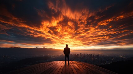 Fototapeta premium A breathtaking sunset paints the sky in vivid oranges and purples, capturing the serene moment of reflection for a person gazing at the beautiful city skyline ahead.