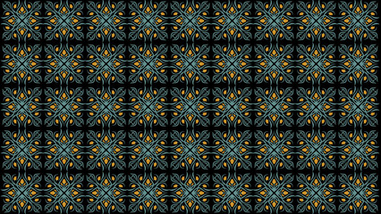 Repeating floral pattern with teal and gold elements on a black background in a symmetrical design