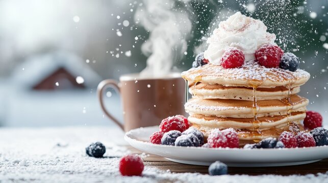 A stack of fluffy pancakes topped with fresh raspberries, blueberries, and whipped cream, served with a steaming cup of coffee and a wintery backdrop of falling snow.