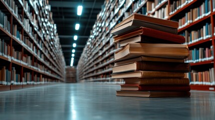 An engaging view of stacked books in a vast library, emphasizing knowledge and learning in a tranquil environment, ideal for conveying education and literature themes.