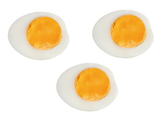 Top view set of unpeeled cooked or boiled chicken eggs in three halves with egg yolks isolated with clipping path in png file format