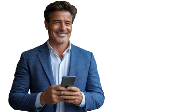 Confident businessman smiling while holding smartphone in professional attire against plain background, showcasing modern communication and technology
