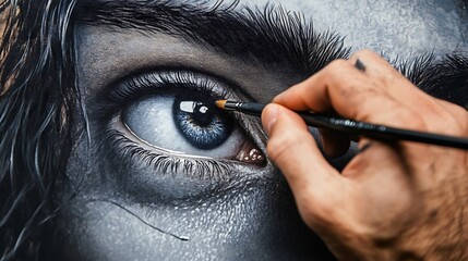 Talented artist painting dramatic portrait under warm light


