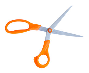 Top view of a pair of multipurpose scissors with orange handle isolated on white background with clipping path
