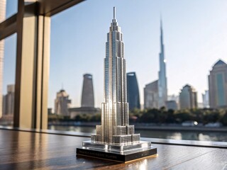 new york city skyline, Skyscraper-shaped trophy with reflective glass texture in office


