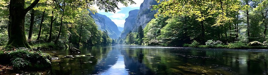Serene river valley, lush greenery, and mountains