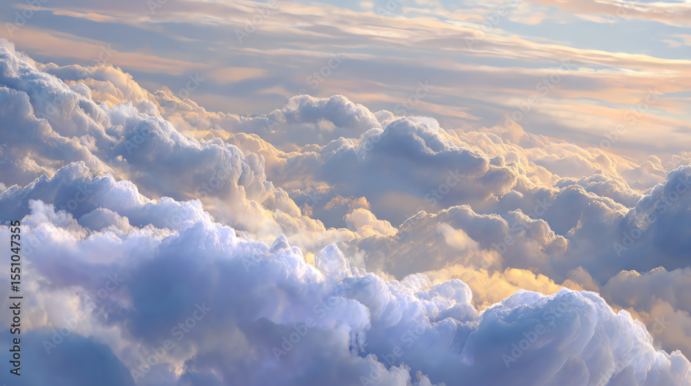 Poster a breathtaking view of fluffy clouds illuminated by a soft pastel sunset, creating a serene and peac