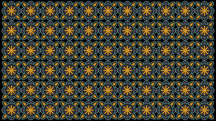 Repeating floral pattern with gold stars and blue accents on a black background design element