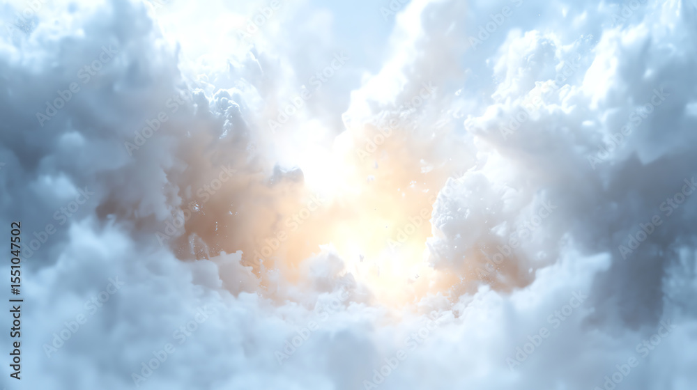 Poster A bright sunlight breaks through soft, fluffy clouds, creating a serene and uplifting sky view perfect for nature lovers.