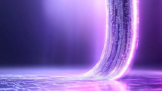 A captivating digital flow of neon purple light with intricate patterns representing data movement in a futuristic setting.