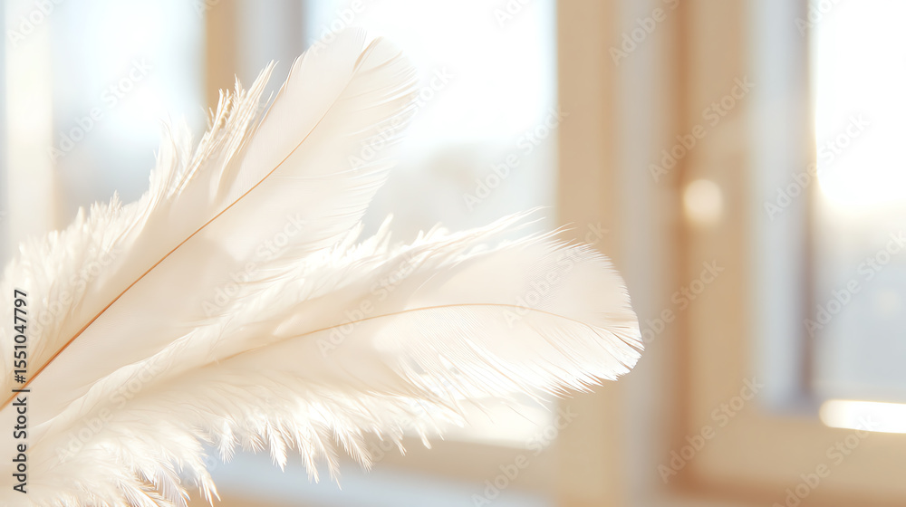 Aufkleber A close-up of elegant white feathers gently illuminated by soft sunlight, creating a serene and calming atmosphere in a cozy room.