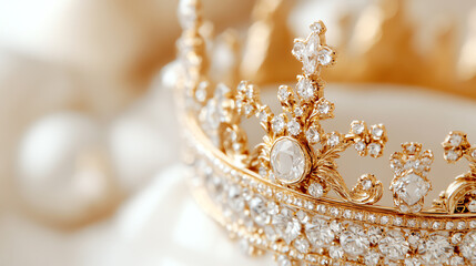 A close-up of a luxurious golden crown adorned with sparkling jewels, symbolizing royalty and elegance.