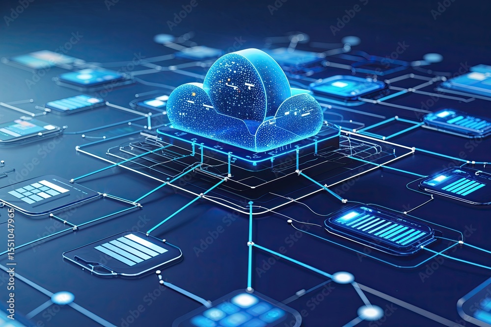 Poster cloud computing network with engaging data visualization on blue palette