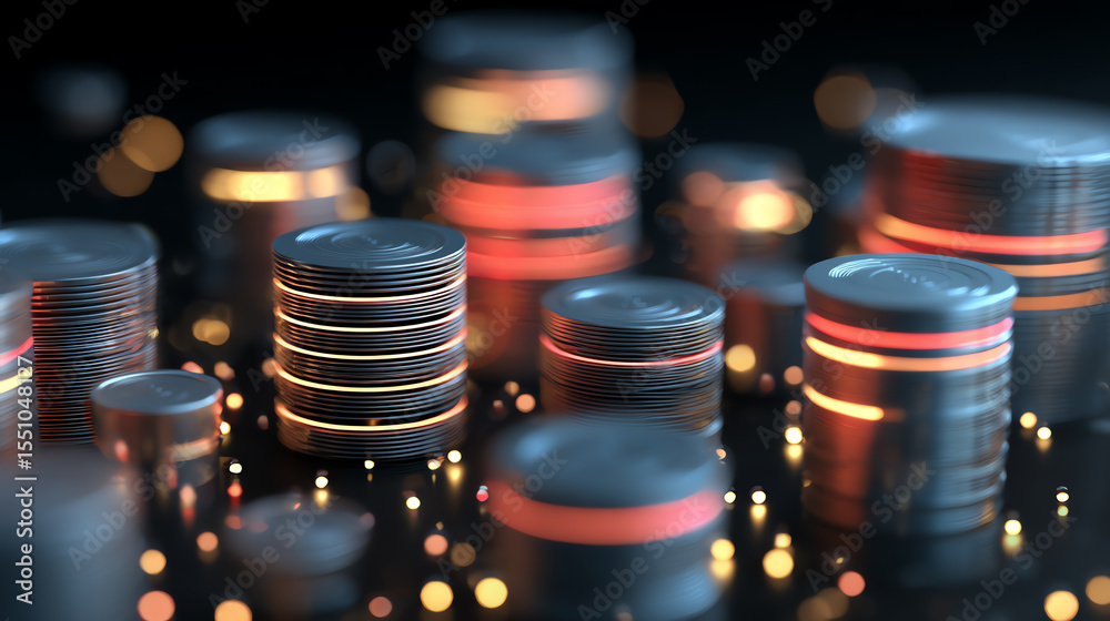 Poster a close-up view of stacked coins with glowing edges, symbolizing finance, investment, and wealth acc
