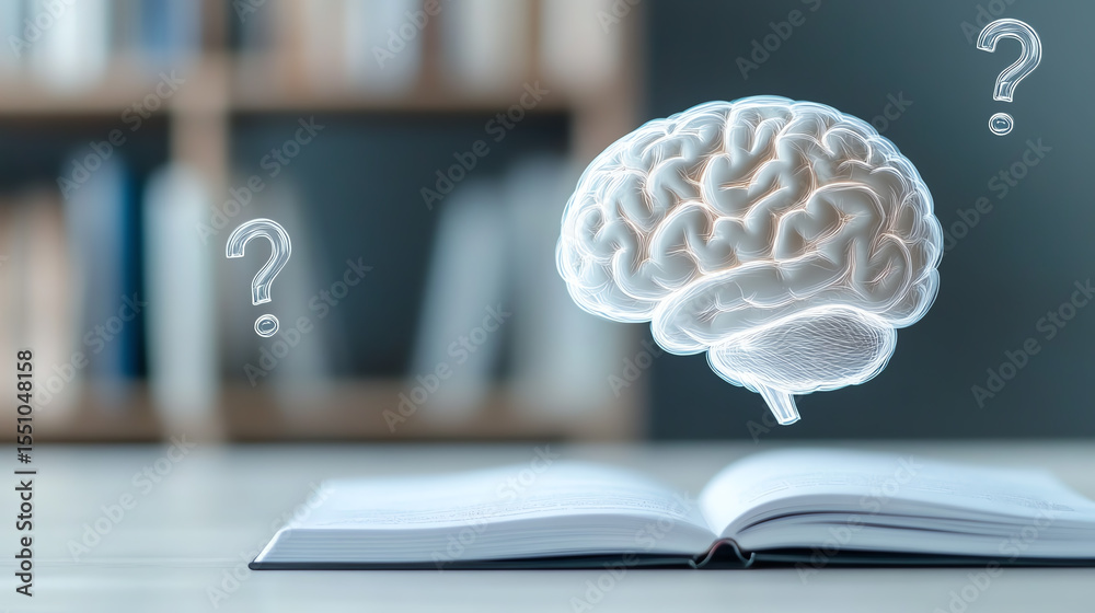 Poster a conceptual image of a brain above an open book, symbolizing knowledge, learning, and curiosity, bl