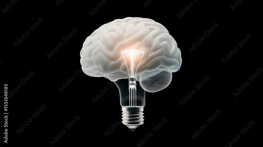 Poster a conceptual image of a brain illuminated by a light bulb, symbolizing ideas, creativity, and innova