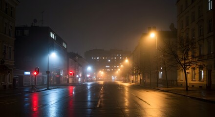 Empty foggy city street glowing under night lights