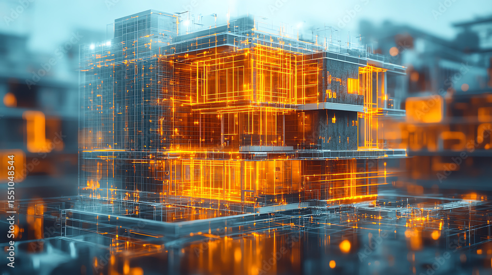 Aufkleber a futuristic building design illustrated with glowing lines and digital effects, showcasing innovati