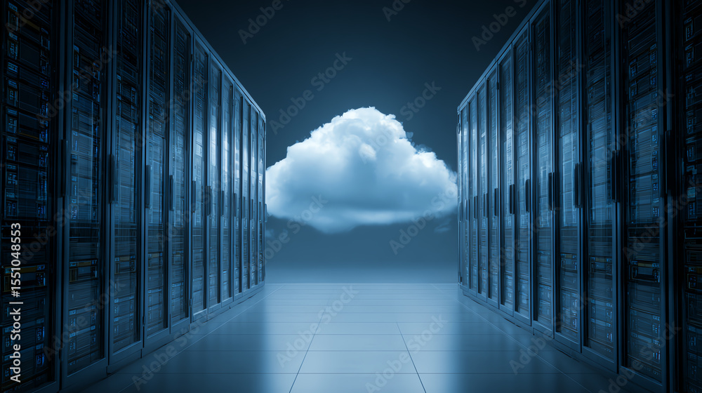 Aufkleber A futuristic data center with server racks and a prominent cloud icon, symbolizing cloud computing and digital innovation.