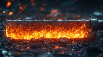 A glowing sword being forged in molten lava, showcasing the intense heat and craftsmanship in metalworking.