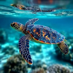 Sea turtle swimming in vibrant coral reef