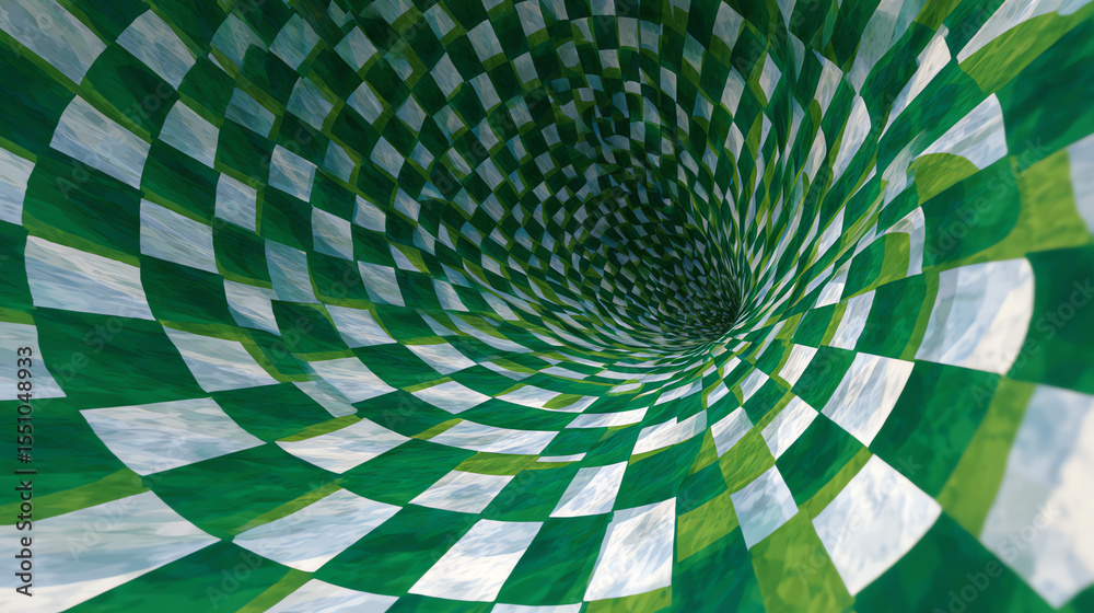 Aufkleber A mesmerizing spiral pattern featuring green and white checkered design, creating depth and visual intrigue in a vibrant composition.