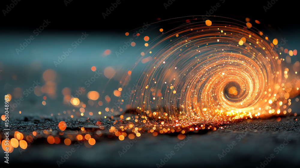 Poster a mesmerizing swirl of orange sparks spiraling in a dark setting, symbolizing creativity and innovat