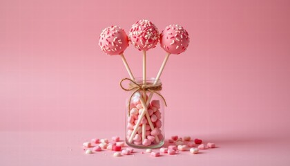 Delightful Pink Cake Pops with Sprinkles in Jar Surrounded by Heart Shaped Candy on Soft Pink Background