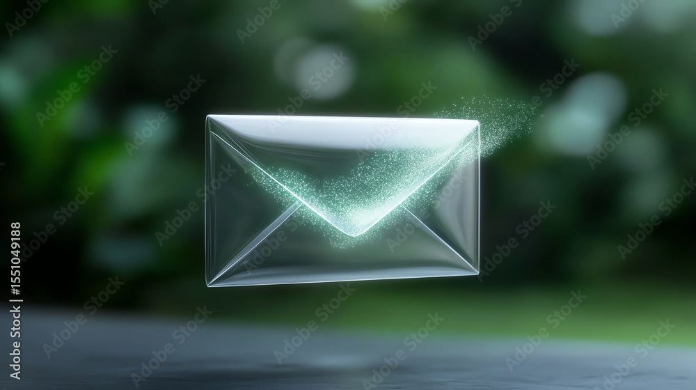Poster a modern transparent envelope glows against a blurred green backdrop, symbolizing digital communicat